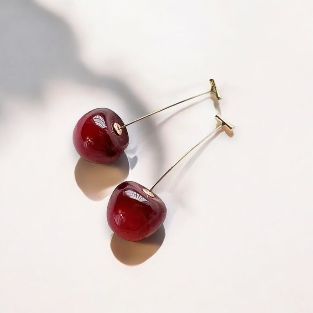 Red Cherry Gold Stem Dangle Earrings